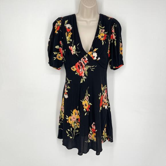 Free People Neon Garden Floral Mini Dress Sz 4 Black Multi Short Sleeve V-Neck - Picture 1 of 12